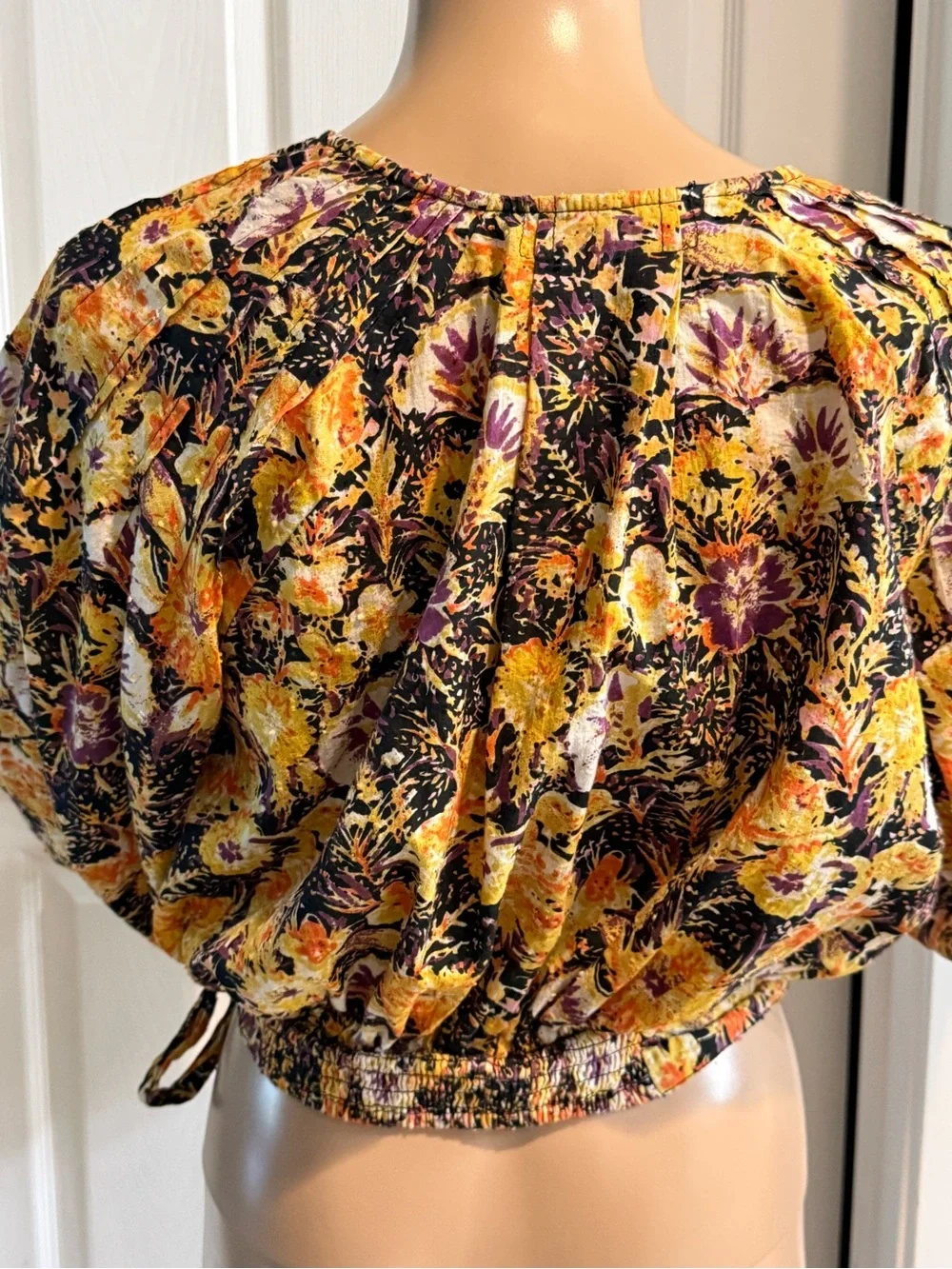 Free People Party Playlist Wrap Cropped Blouse Top Floral Size S Puff Sleeves